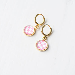 Pink and White Checkerboard Earrings