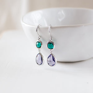 Purple and Emerald Green Glass Earrings