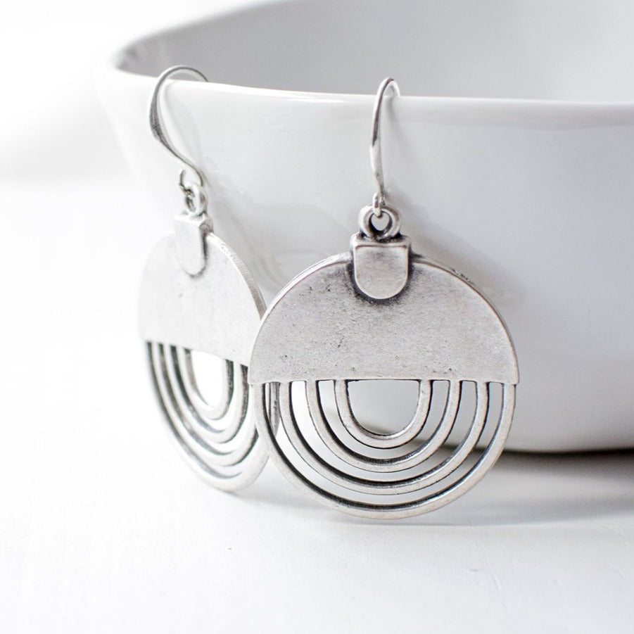 Antique Silver Round Geometric Earrings
