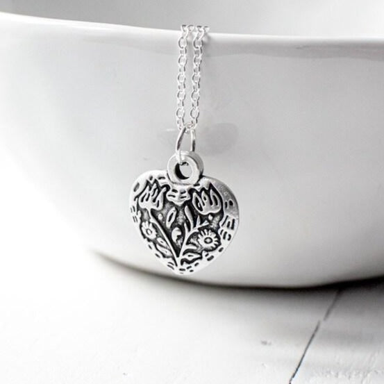 Antique Silver Floral Heart Necklace