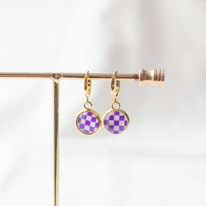 Purple Checkered Hoop Earrings