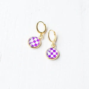 Purple Checkered Hoop Earrings