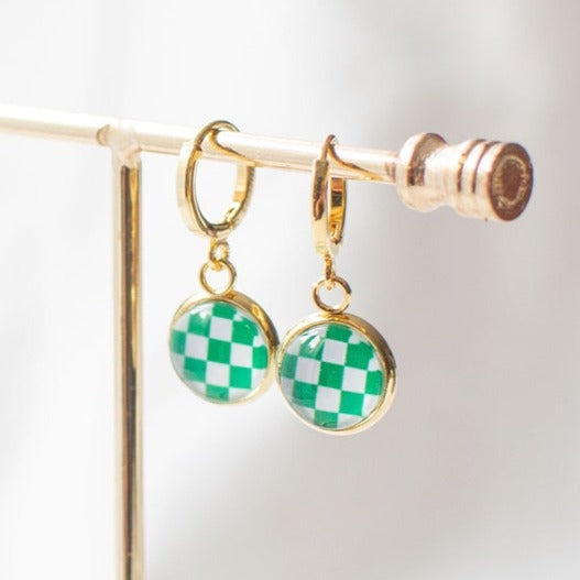 Green and White Checkerboard Earrings