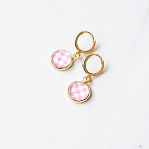 Pink and White Checkerboard Earrings